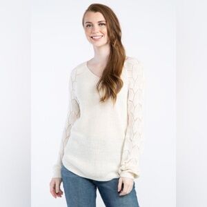 Kismet Maxine V-Neck Pointelle Sleeve Popover Cream Colored Sweater Sz Medium